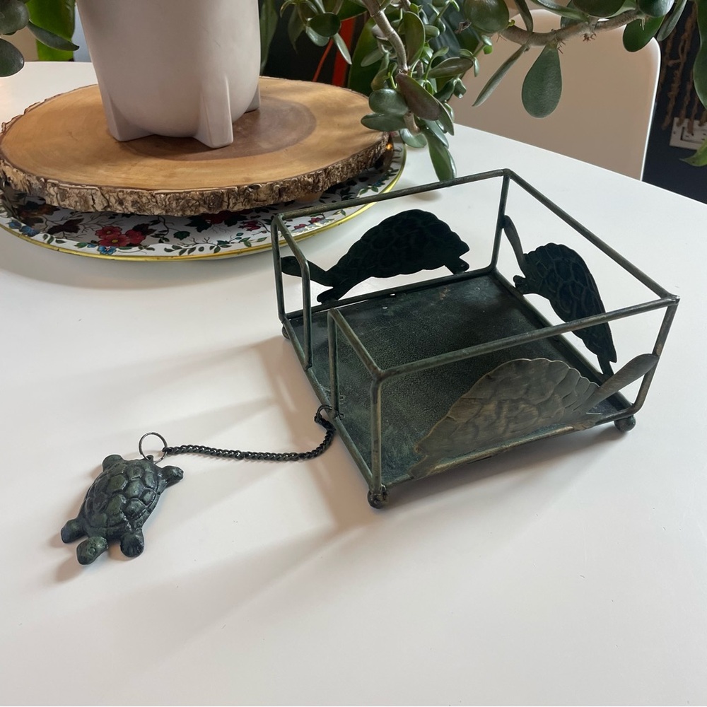 Green Turtle Metal Napkin Holder W/ Weighted Turtle
